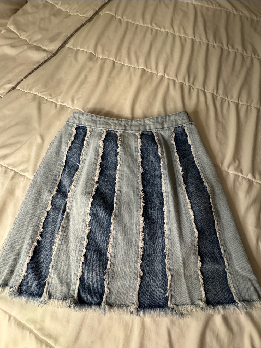Denim Paneled A-Line Skirt - Light & Dark Blue